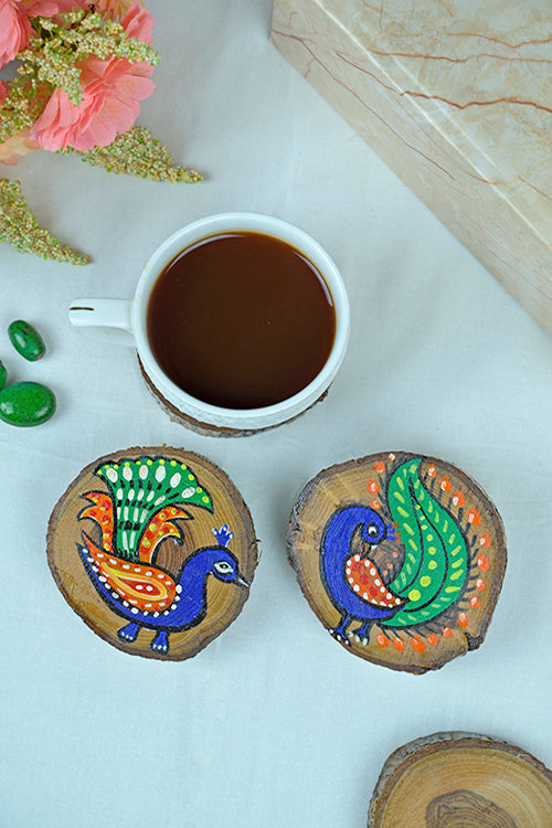 Teak Wood Handpainted Mayura Coasters- Set Of 4