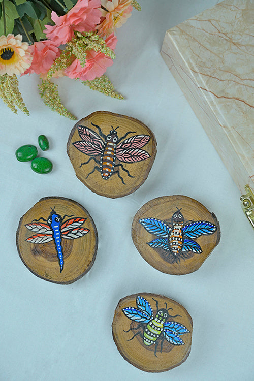 Diorama Designs Teak Wood Handpainted Flies Coasters- Set Of 4