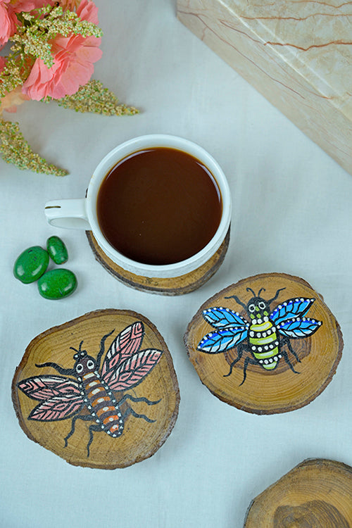 Diorama Designs Teak Wood Handpainted Flies Coasters- Set Of 4
