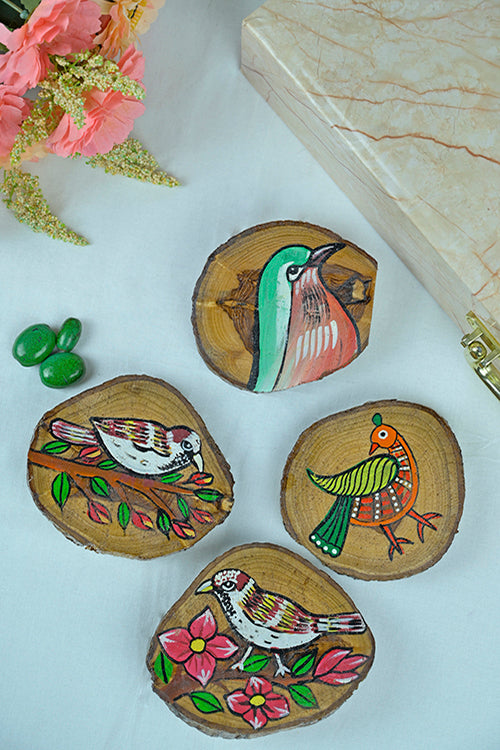 Diorama Designs Teak Wood Handpainted Wings Coasters- Set Of 4