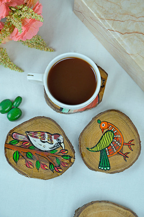 Teak Wood Handpainted Wings Coasters- Set Of 4