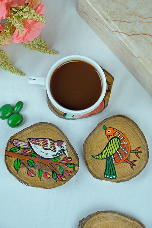 Diorama Designs Teak Wood Handpainted Wings Coasters- Set Of 4