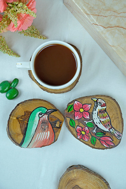 Teak Wood Handpainted Wings Coasters- Set Of 4