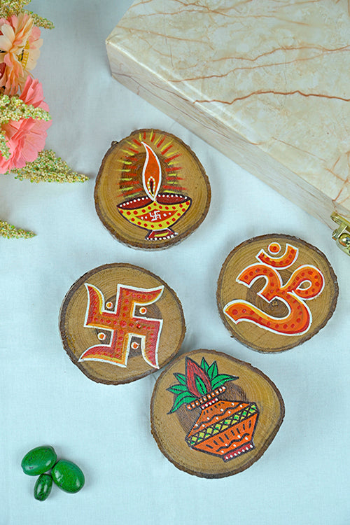 Teak Wood Handpainted Devotion Coasters- Set Of 4
