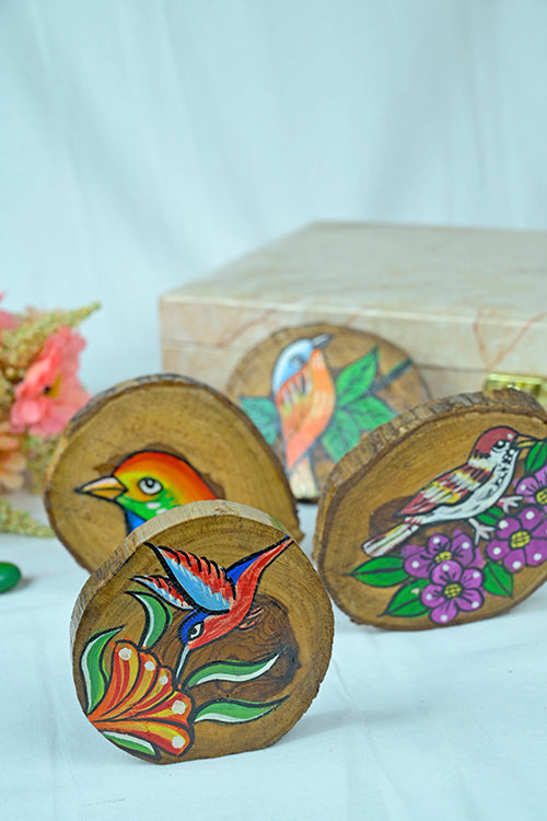 Diorama Designs Teak Wood Handpainted Fledgling Coasters- Set Of 4