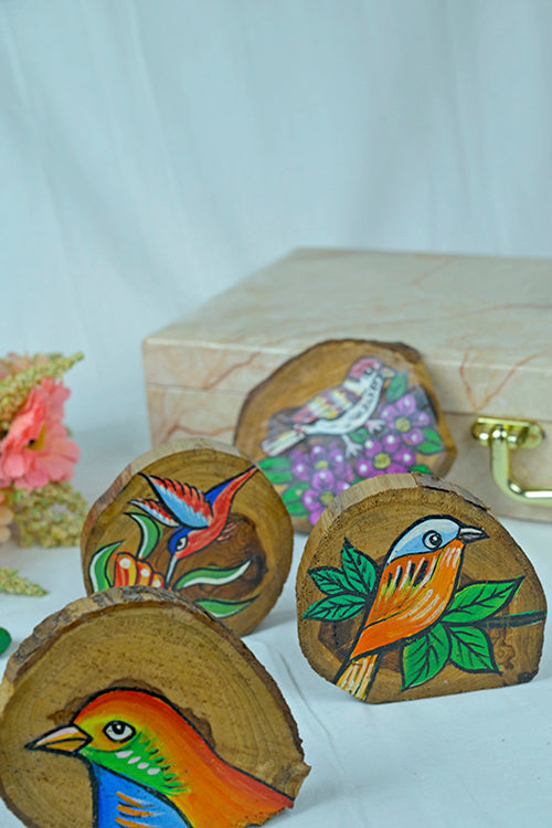 Teak Wood Handpainted Fledgling Coasters- Set Of 4