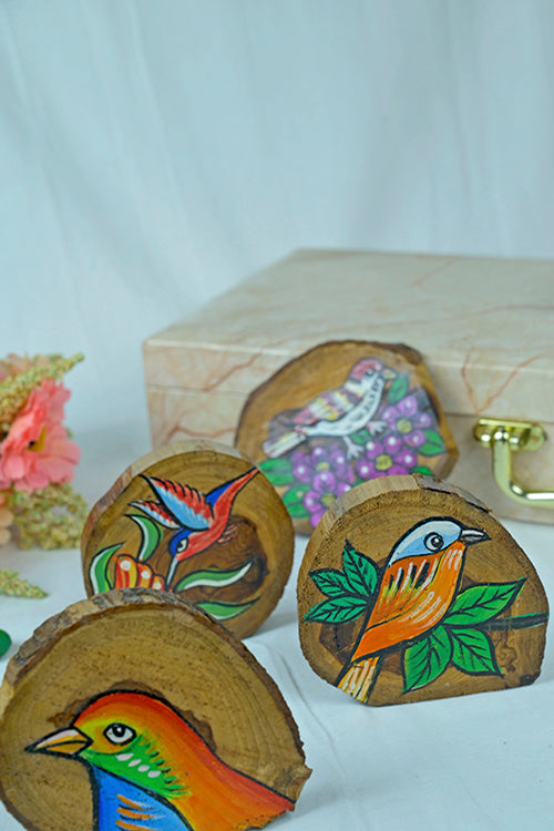 Diorama Designs Teak Wood Handpainted Fledgling Coasters- Set Of 4