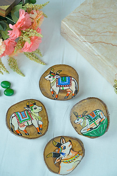 Diorama Designs Teak Wood Handpainted Surabhi Coasters- Set Of 4