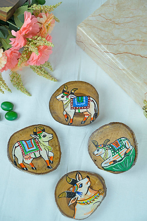 Teak Wood Handpainted Surabhi Coasters- Set Of 4
