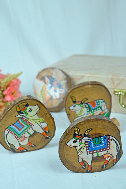 Diorama Designs Teak Wood Handpainted Surabhi Coasters- Set Of 4