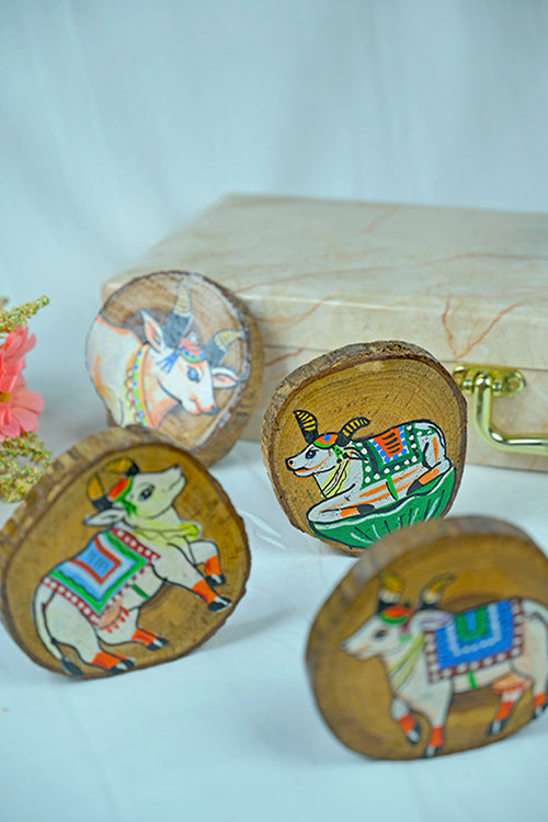 Diorama Designs Teak Wood Handpainted Surabhi Coasters- Set Of 4