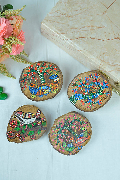 Teak Wood Handpainted Gond Art Coasters- Set Of 4