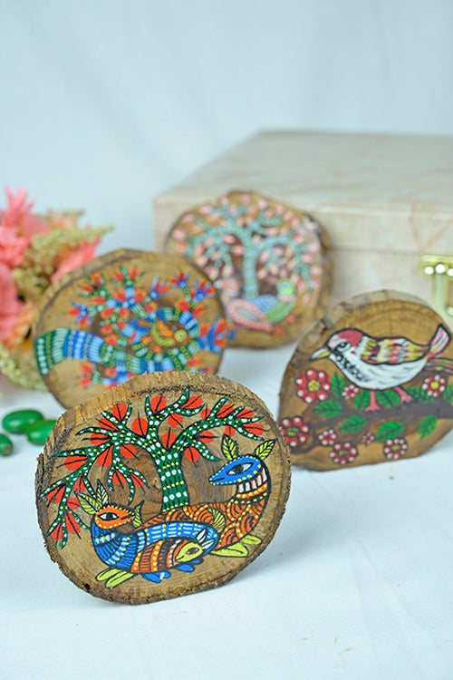 Teak Wood Handpainted Gond Art Coasters- Set Of 4
