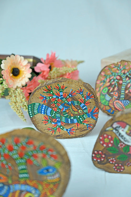 Teak Wood Handpainted Gond Art Coasters- Set Of 4