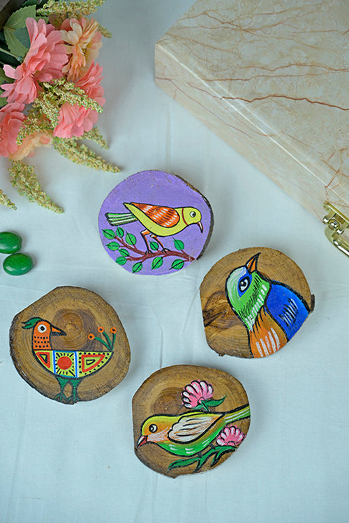 Diorama Designs Teak Wood Handpainted Chirping Coasters- Set Of 4