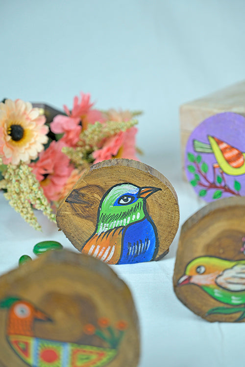 Diorama Designs Teak Wood Handpainted Chirping Coasters- Set Of 4