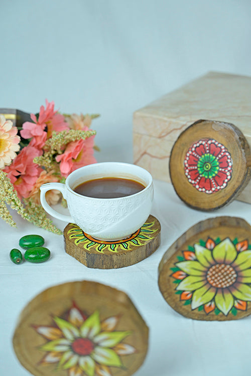 Diorama Designs Teak Wood Handpainted Bloom Coasters- Set Of 4