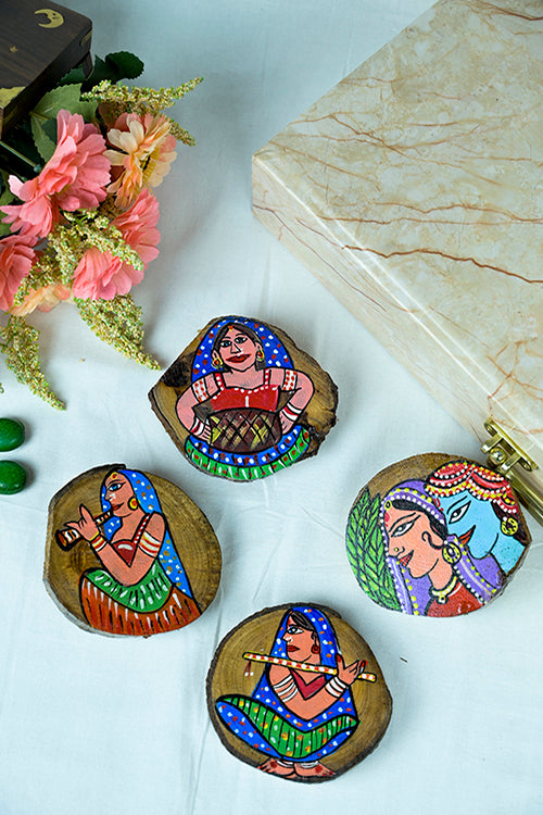 Diorama Designs Teak Wood Handpainted Tribe Coasters- Set Of 4