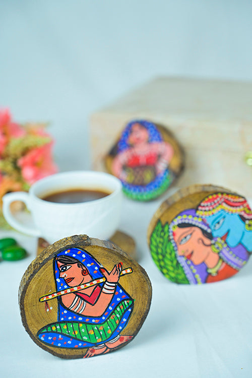 Diorama Designs Teak Wood Handpainted Tribe Coasters- Set Of 4