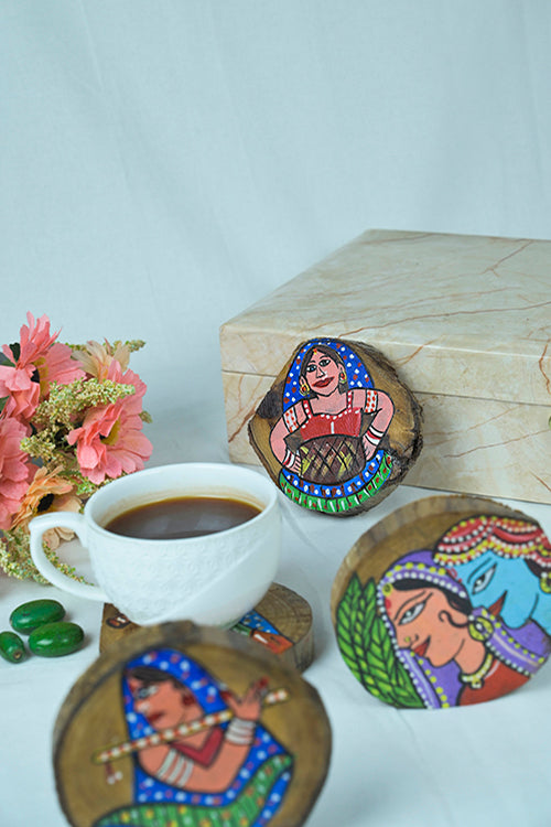 Diorama Designs Teak Wood Handpainted Tribe Coasters- Set Of 4