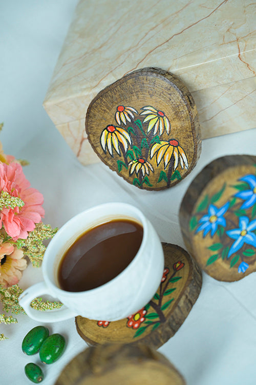 Teak Wood Handpainted Blossom Coasters- Set Of 4
