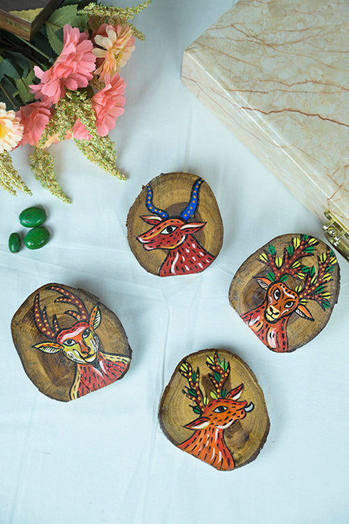 Teak Wood Handpainted Reindeer Coasters- Set Of 4