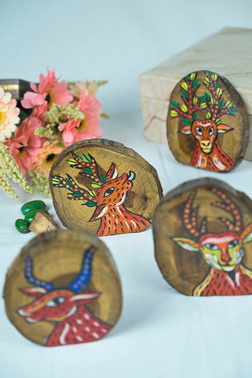 Teak Wood Handpainted Reindeer Coasters- Set Of 4