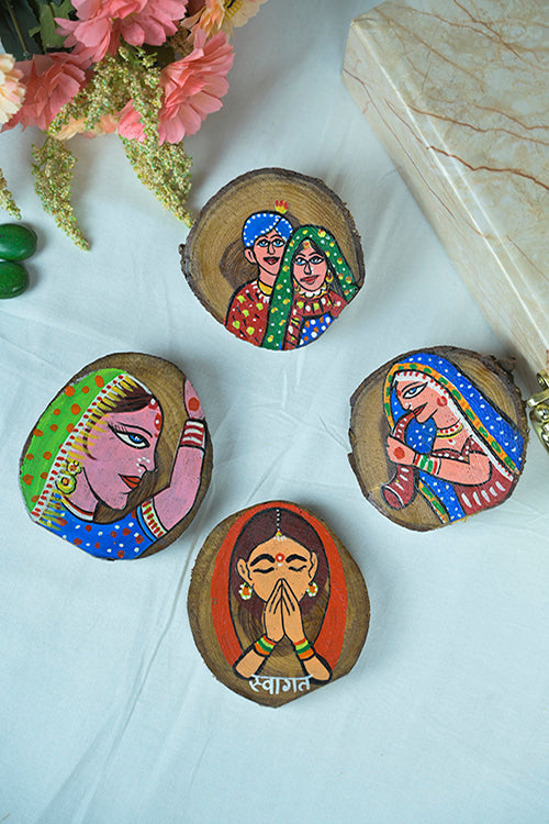 Teak Wood Handpainted Folklore Coasters- Set Of 4