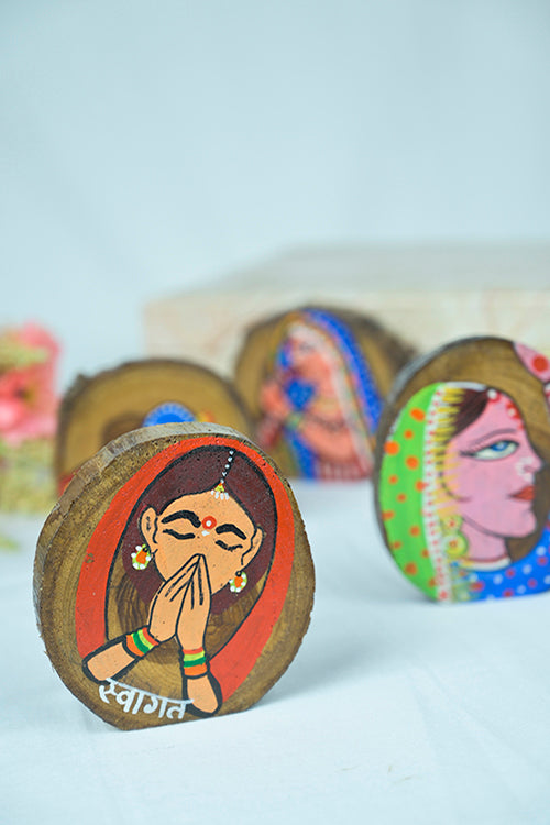 Diorama Designs Teak Wood Handpainted Folklore Coasters- Set Of 4