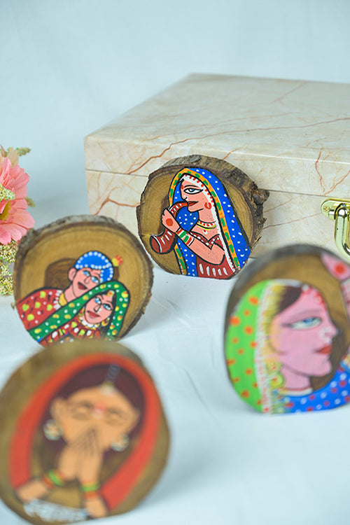 Teak Wood Handpainted Folklore Coasters- Set Of 4