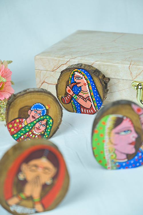 Diorama Designs Teak Wood Handpainted Folklore Coasters- Set Of 4
