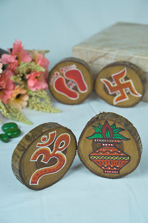 Teak Wood Handpainted Calm Coasters- Set Of 4
