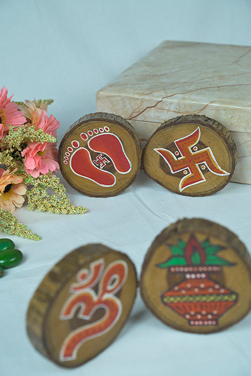 Teak Wood Handpainted Calm Coasters- Set Of 4