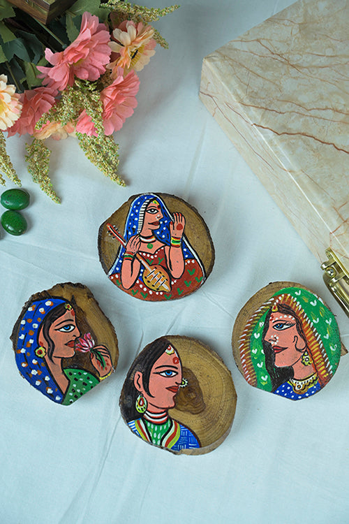 Diorama Designs Teak Wood Handpainted Art Coasters- Set Of 4