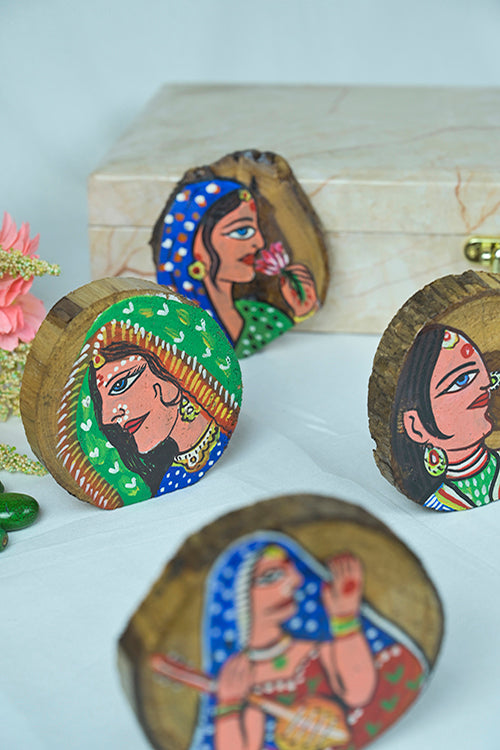 Diorama Designs Teak Wood Handpainted Art Coasters- Set Of 4