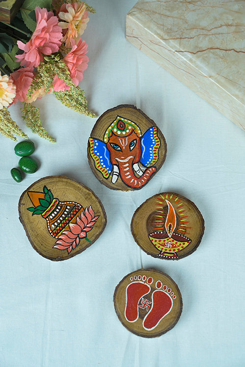 Teak Wood Handpainted Vinayak Coasters- Set Of 4