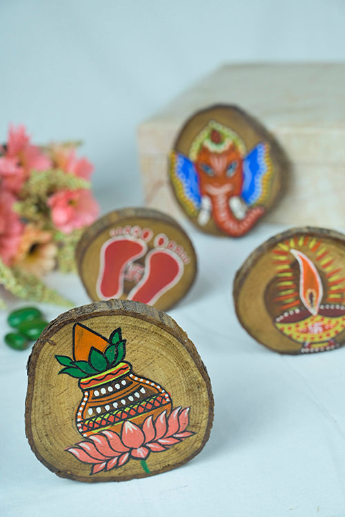 Teak Wood Handpainted Vinayak Coasters- Set Of 4