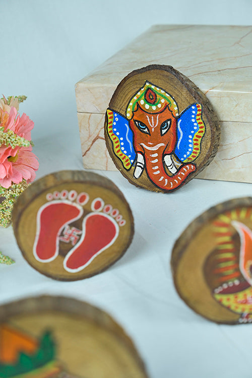 Teak Wood Handpainted Vinayak Coasters- Set Of 4