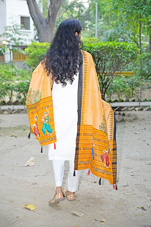 Pattachitra Handpainted Cotton Handloom Ikkat Dupatta