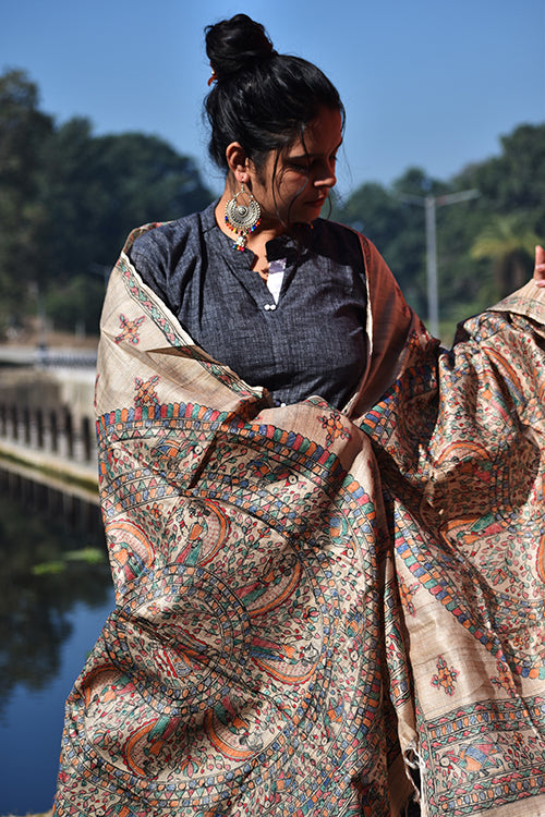 Diorama Designs Madhubani Hand-Painted Tussar Silk Dupatta