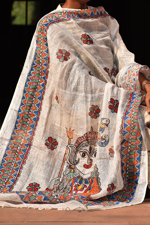 Madhubani Hand-Painted White Linen Dupatta