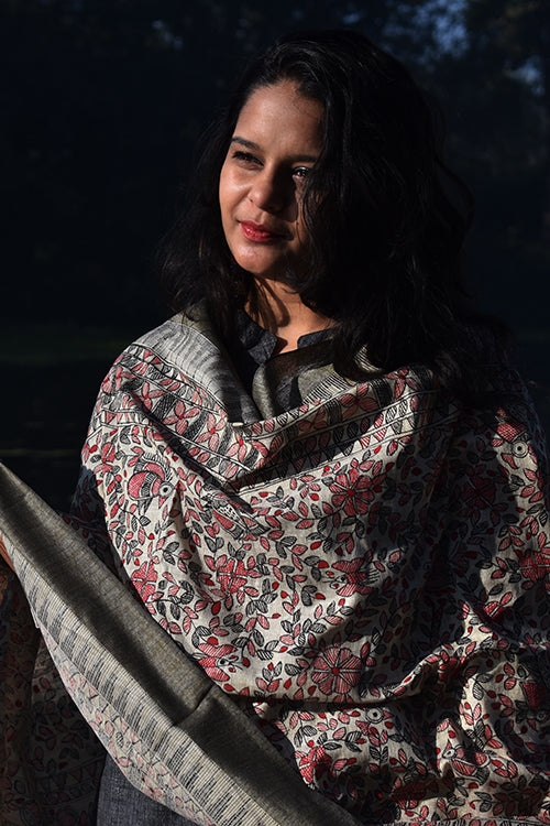 Madhubani Hand-Painted All Over Red Black Cotton Dupatta