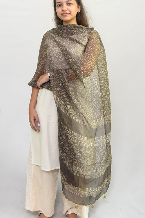 Sadhna 'Chokho'Grey Kotadoriya Applique Work Cotton Dupatta.