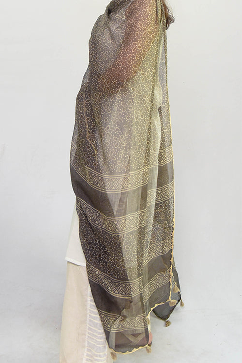 Sadhna 'Chokho'Grey Kotadoriya Applique Work Cotton Dupatta.