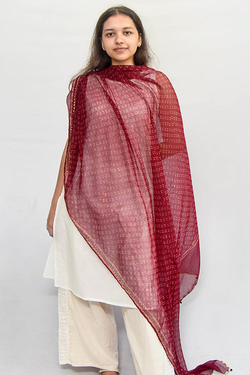 Sadhna 'Banitani' Maroon Kotadoriya Applique Work Cotton Dupatta.