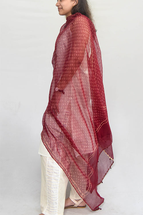 Sadhna 'Banitani' Maroon Kotadoriya Applique Work Cotton Dupatta.