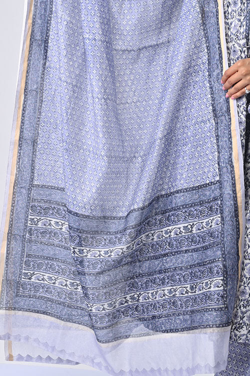 Dharan "Blue Chanderi Dupatta" Blue Block Printed Dupatta