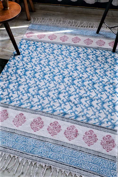 SootiSyahi 'Ocean on Floor' Handblock Printed Cotton Dhurrie Rug