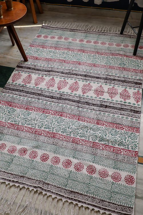 SootiSyahi 'Flowering Blush' Handblock Printed Cotton Dhurrie Rug