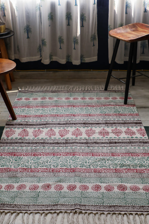 SootiSyahi 'Flowering Blush' Handblock Printed Cotton Dhurrie Rug